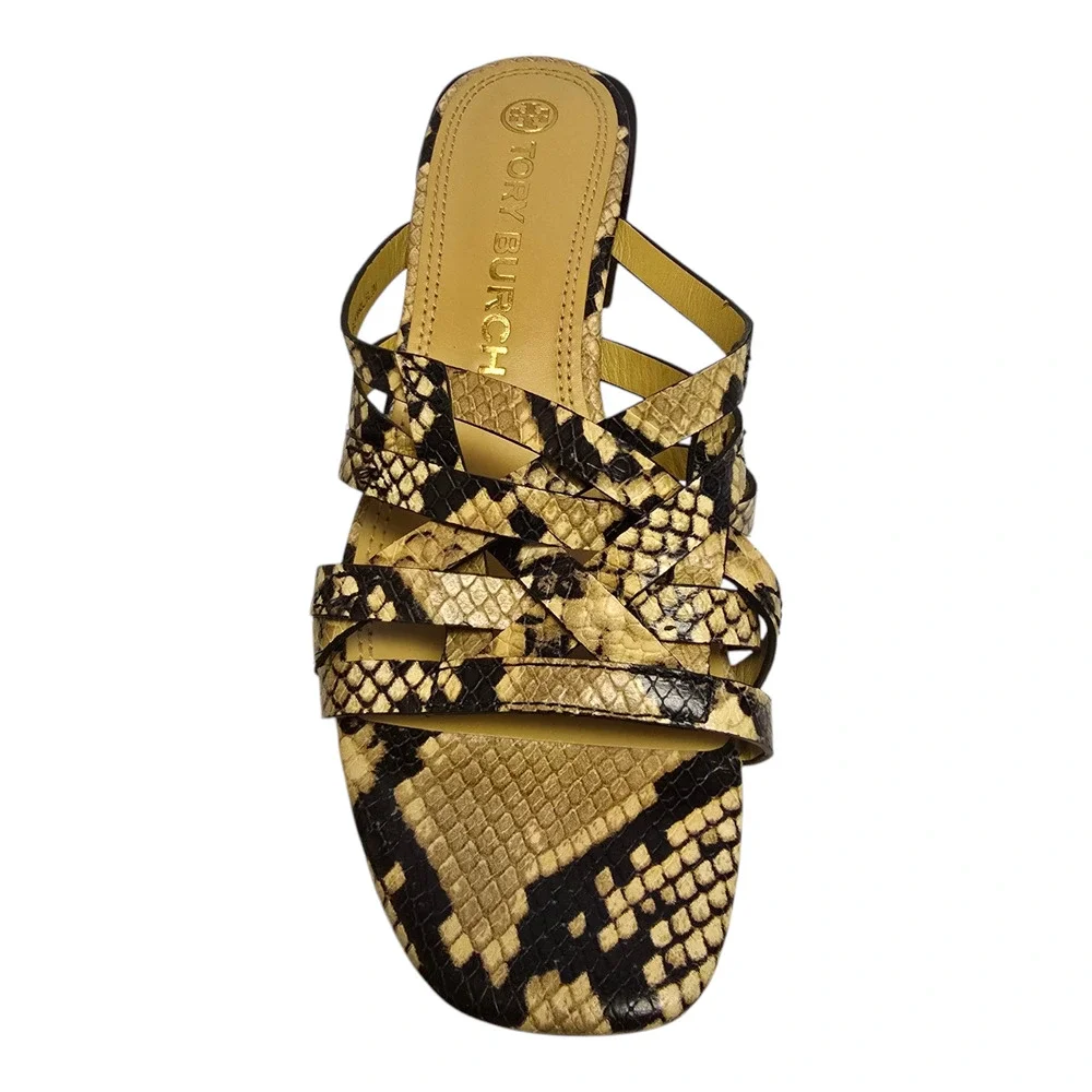 Tory Burch Slip On Sandal Mule Basket Weave Snakeskin Print Block Heel Multi 9